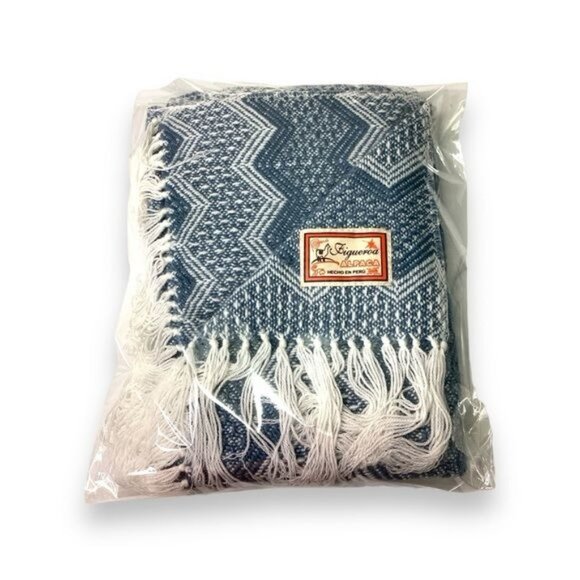 Figueroa Alpaca Blanket Wrap Scarf with Tassel Fringe, Blue Chevron, OSFA - Picture 6 of 6